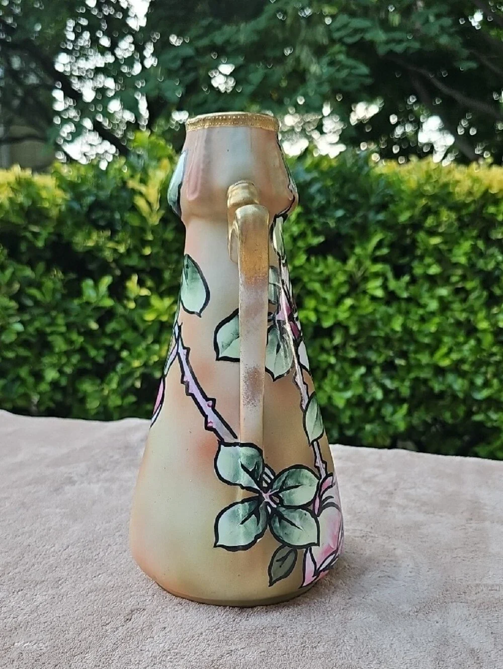 Nippon - Art Nouveau-Style Gold Floral Ceramic Vase with Pink Roses